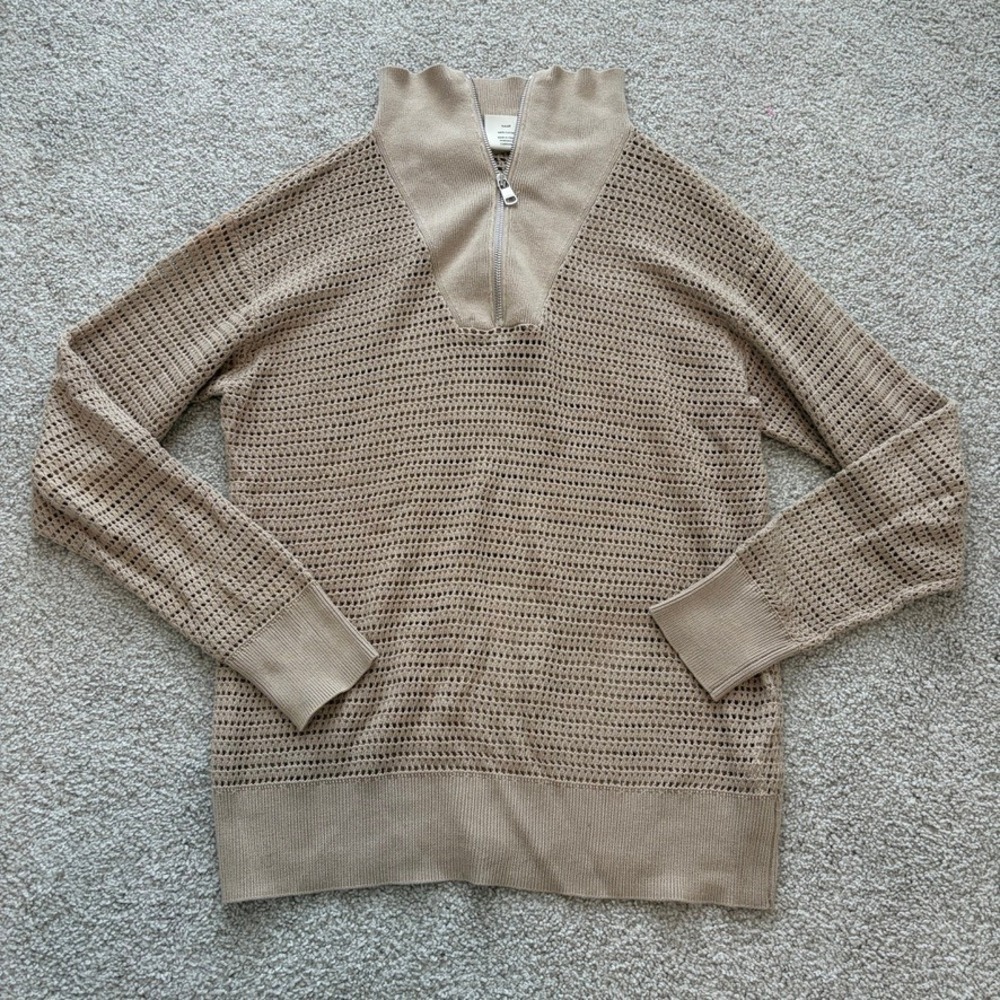 Varley Billie Half Knit Zip Womens S Tan Cashmere Stone Open Knit Pullover